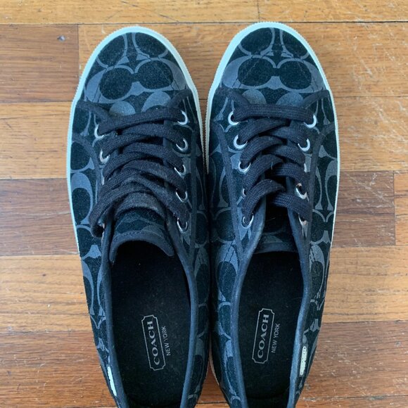 COACH Kalyn Black Signature Logo Suede Sneakers - Picture 1 of 4
